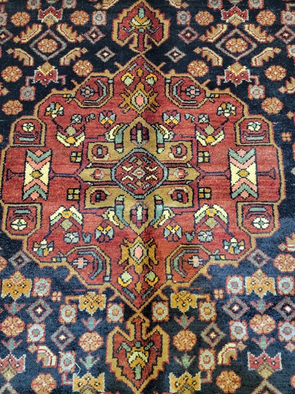Antique Oriental Hand-Knotted Wool Runner Navy Blue/Red/Ivory/Green 5' x 11'3" gallery
