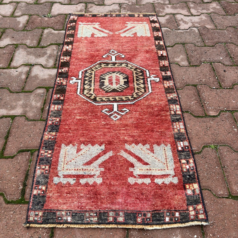2x4 Rust Red Black Wool Vintage Turkish Geometric Handmade Kilim - Tariff Free