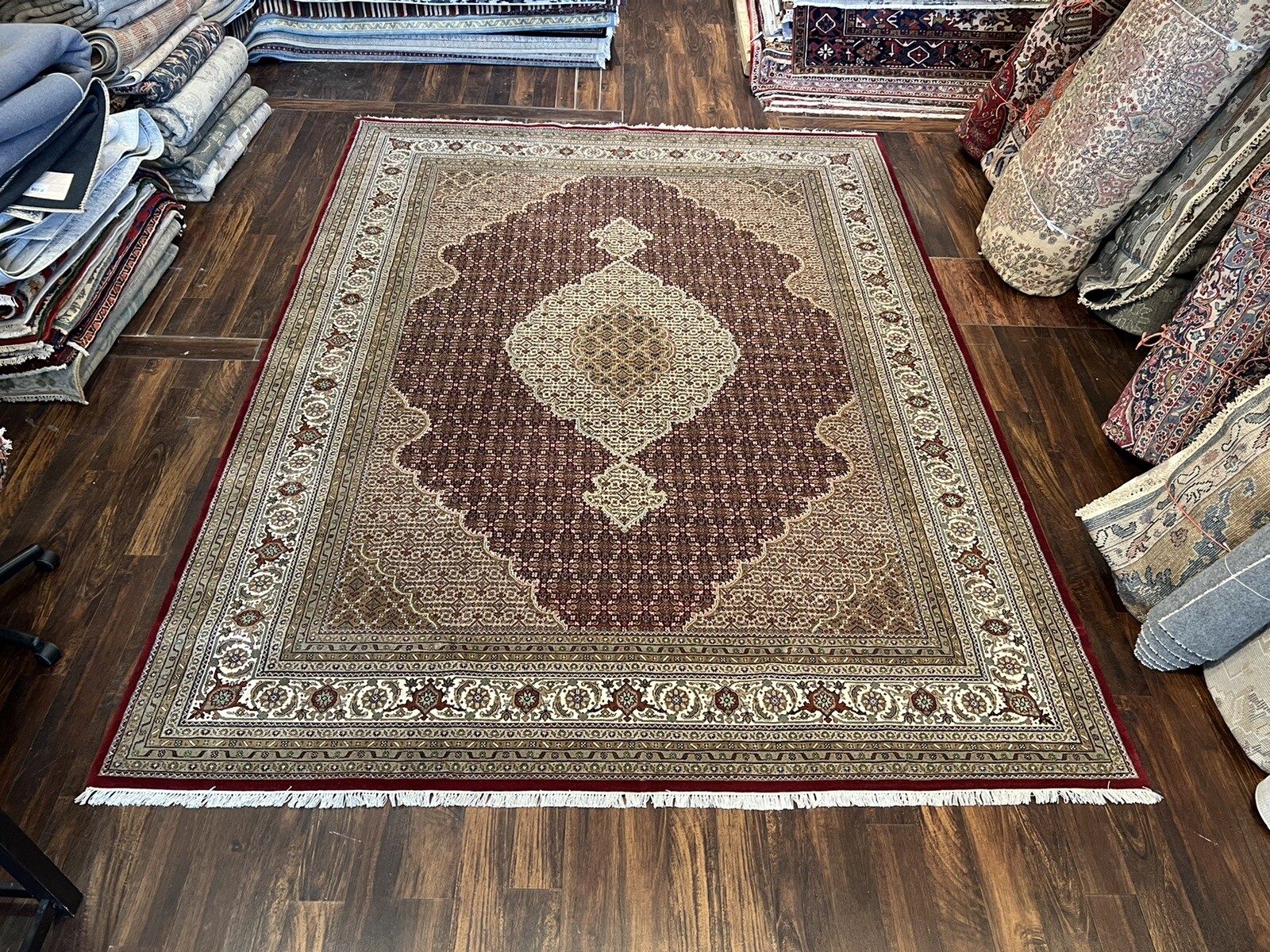 Fine Burgundy Genuine Hand Knotted Mahi Tabrizz Area Rug Carpet 9’x12’3”,#116 gallery