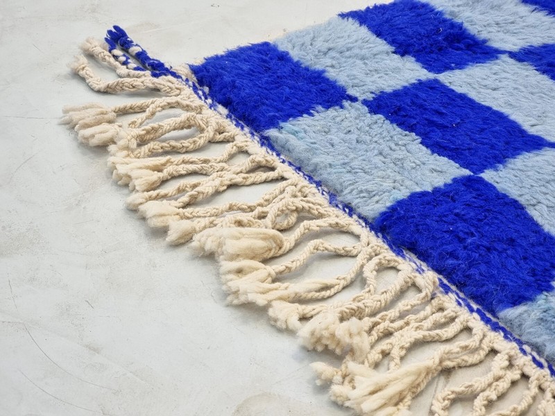 Moroccan Handmade Beni Ourain Runner 2'1x7'2 Berber Checkered Blue Wool Carpet gallery