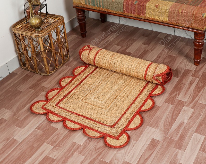 Braided Scalloped Jute Rug, Red Scallop Rug, Boho Rug, Natural Jute Rug gallery