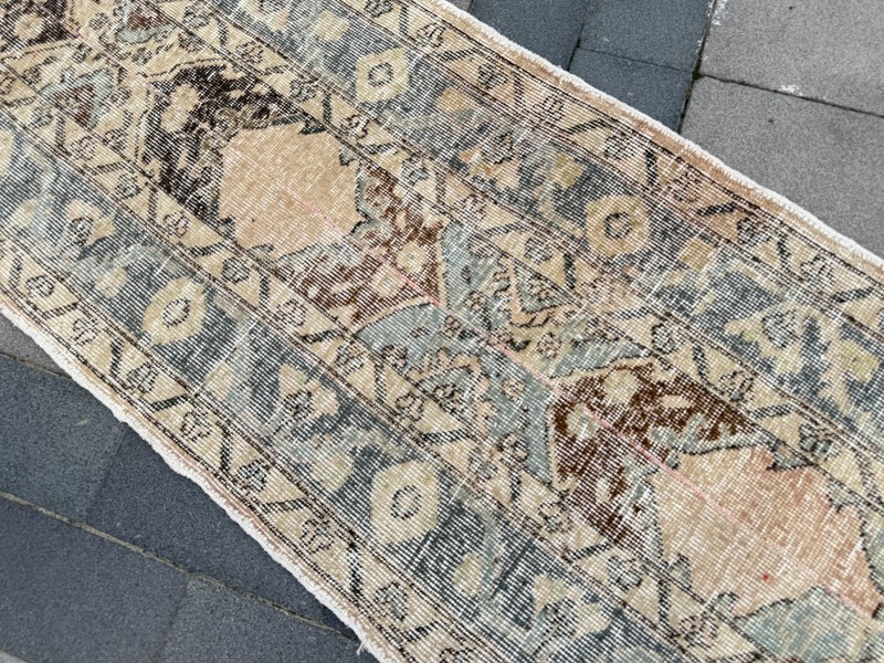 Vintage Turkish Oushak Runner Rug 2.2x12.4 ft Beige Sage Green Hallway Rug gallery