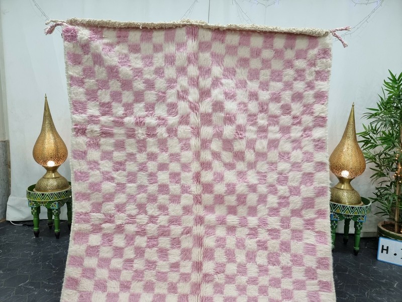 Moroccan Handmade Beni Ourain Rug 5'x7'7" Berber Checkered Pink White Carpet gallery