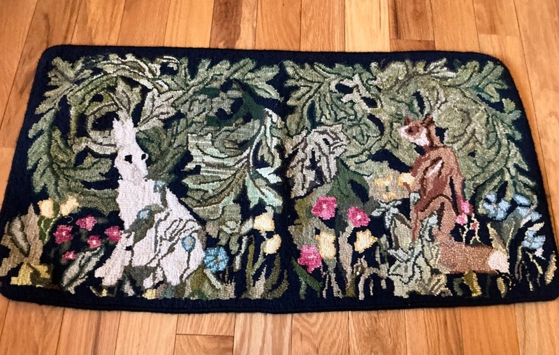 c1940s American Folk Art Pictorial Hooked Rug FOX & Hare in Ivy Patch 17”x 33” gallery