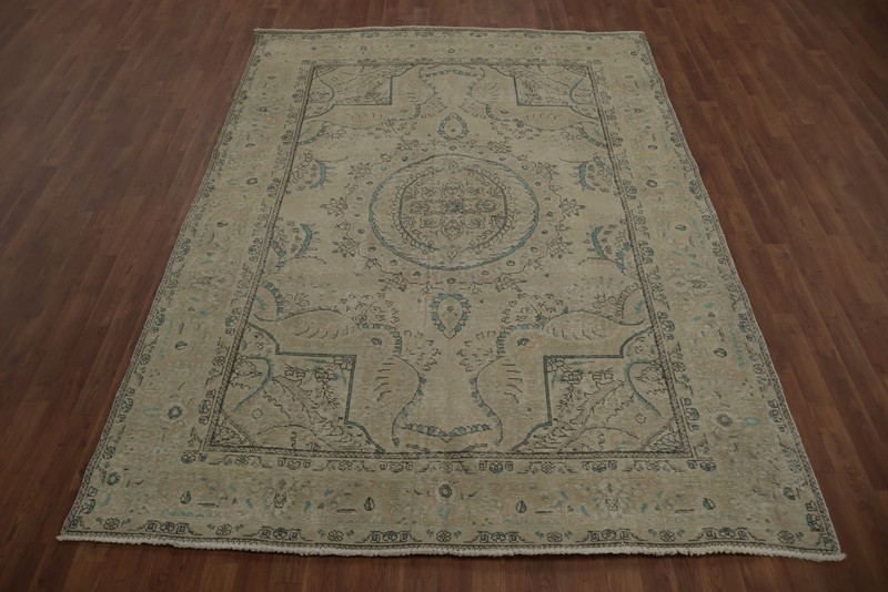 Heritage Inspired: Ornate Beige Rug with Subtle Blue Hues Handmade Carpet 7x10 gallery