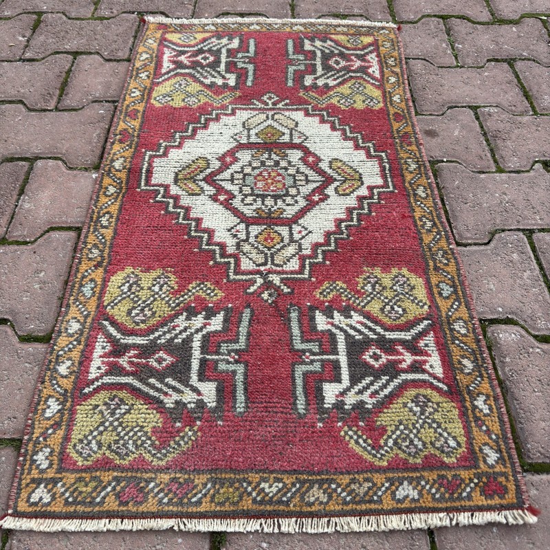 Red Ivory 2x3 Vintage Turkish Wool Accent Rug With Mustard Border - Tariff Free gallery
