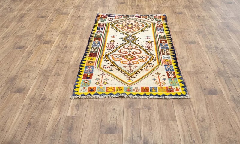 Semi-Antique Handmade Tribal Pictorial Oriental Rug Cream Entryway Carpet 3x6 Ft gallery
