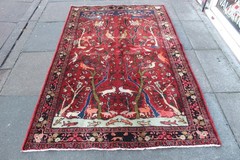 Vintage Hand Made Traditional Oriental Wool Red Animal Scene Rug 207x133cm