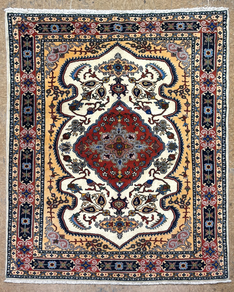 Vintage Ardebil Tribal Oriental Rug 5x7 Hand Knotted Wool Ivory Blue Carpet Area