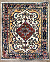 Vintage Ardebil Tribal Oriental Rug 5×7 Hand Knotted Wool Ivory Blue Carpet Area