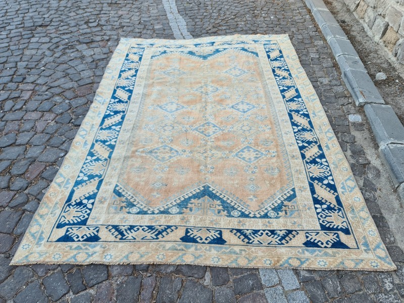 6.3x9.1 ft Vintage Blue Turkish Rug – Handmade Wool Area Carpet – Boho Decor gallery