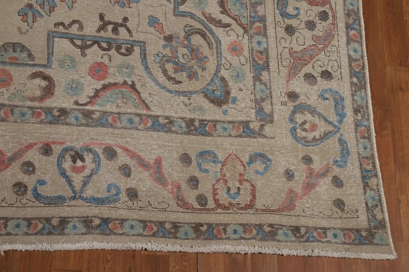 Vintage Handmade Beige Wool Tebriz Room Size Area Rug 10x13 Floral Carpet gallery