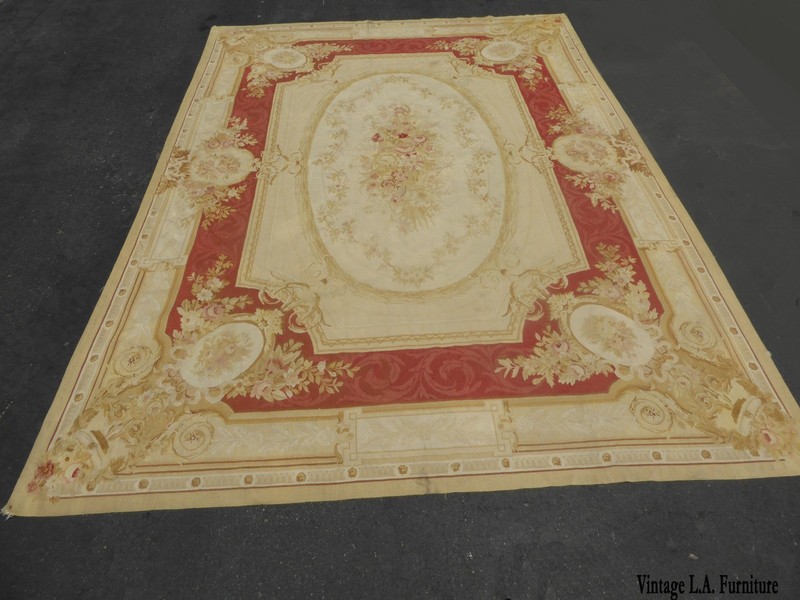 Large Vintage Hand Knotted Tan Floral Aubusson Tapestry Area Rug Made In France gallery