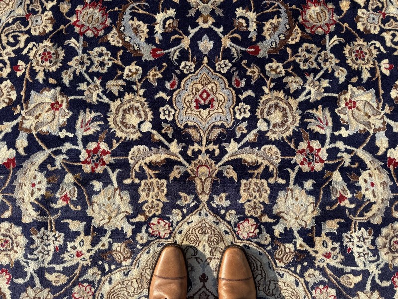 BLUE ANTIQUE ORIENTAL RUG 8x12 silk wool vintage fine handmade navy white 9x12 gallery