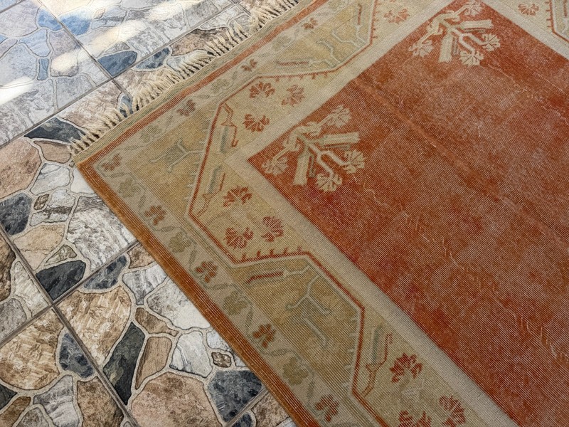 1990s Vintage Turkish Oushak Rug, Tribal Handmade Geometric Area Carpet 5x8 ft gallery