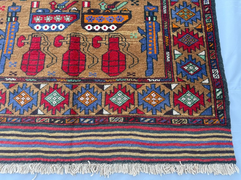 Antique Pictorial Afghan War Rug 4x6 Brown Hand Knotted Persian Style Tribal Rug gallery