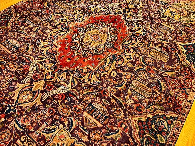 6.8 X 9.9 Ft HAND KNOTTED VINTAGE 1930S ARCHITECTURAL DESIGN PICTORIAL WOOL RUG gallery