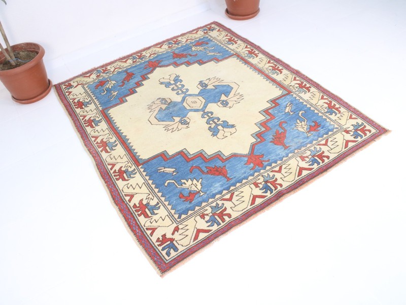 Vintage Hand Knotted Area Rug Blue Red Beige Tribal Medallion 5x6 ft gallery