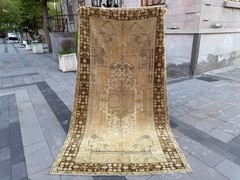 Vintage Turkish Oushak Rug 5.3×9.8 ft Muted Brown Beige Wool Area Rug