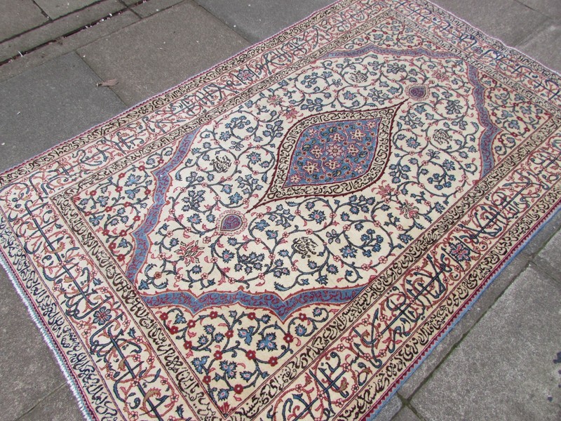 Fine Vintage Hand Made Traditional Rug Oriental Wool White Blue Rug 207x132cm gallery