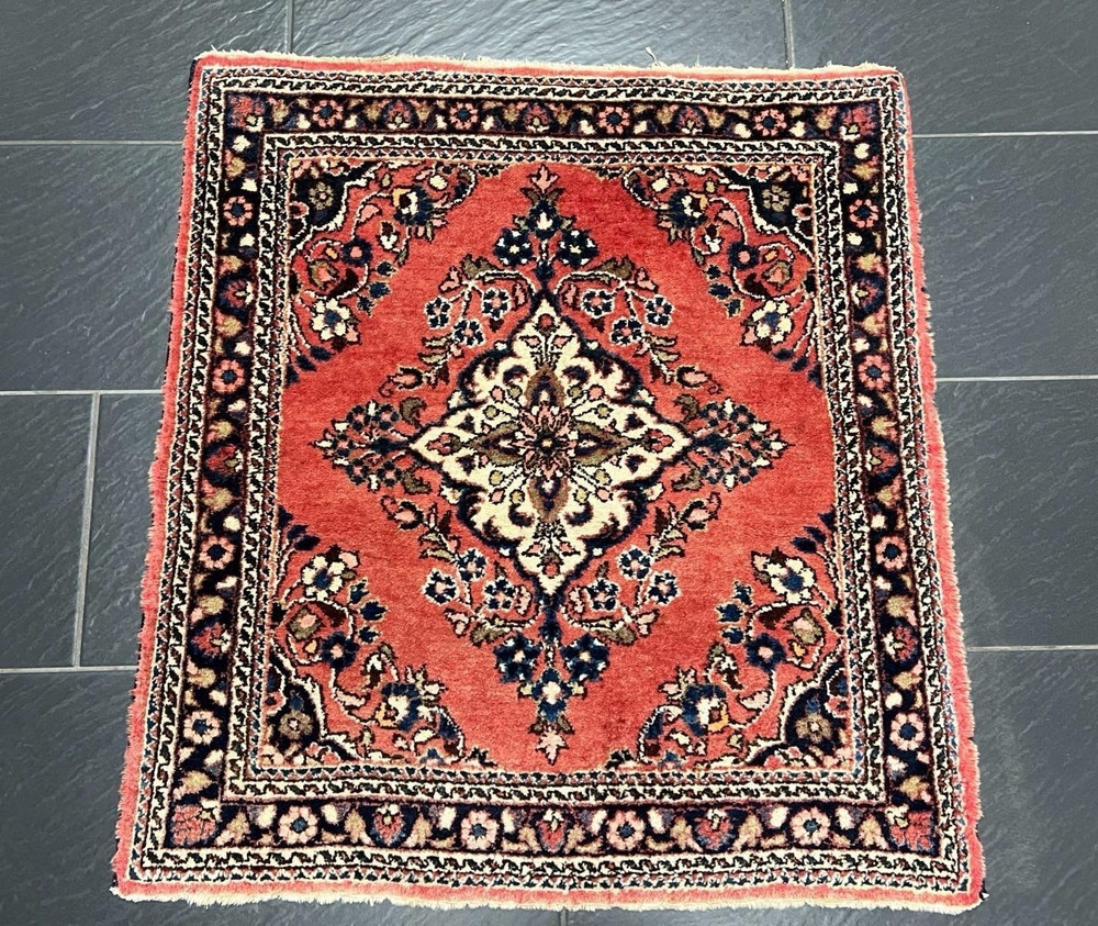 Vintage Lilihan Rug 3x3 Hand-Knotted Wool Floral Square Accent, Coral Pink Beige