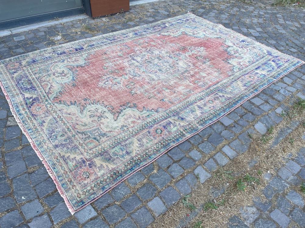 Turkish Vintage Rug, Handmade Wool Rug, Bohemian Large Rug, 6,4 x 9,6 ft