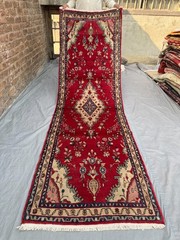 3×9 Vintage Turkish Hand Knotted Runner Rug, Red Floral Nomadic Kitchen Rug