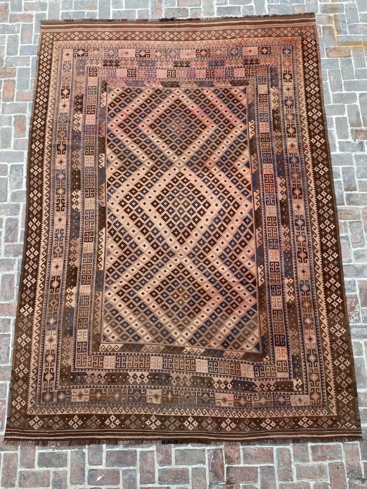 Terracotta 9.6x13.6 Handmade Wool Kilim Rug Tribal Geometric Large Flatweave rug