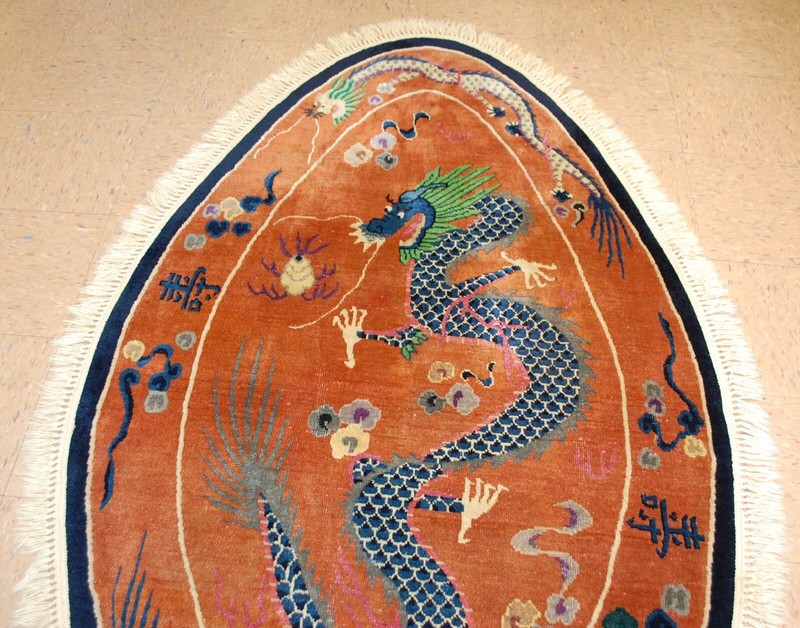 C1910s ANTIQUE ART DECO CHINESE RUG,OVAL 3.9 X 6.9 RARE DRAGON DESIGN gallery