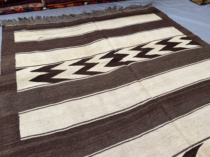 5x15 Vintage Flat Weave Kilim Runner Rug, Tribal Brown Cream Striped Hallway Rug gallery