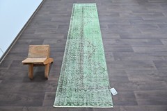 Vintage Turkish Runner Rug 2x9ft Wool Anatolian Handmade Hallway Oushak GREEN