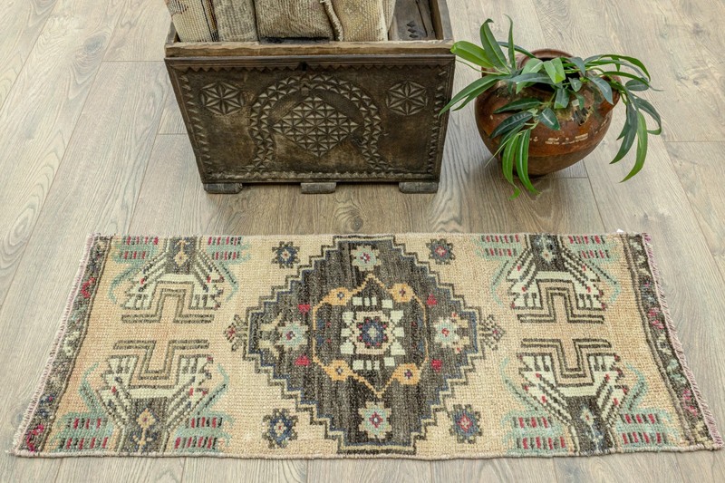 Turkish Oushak Mat 1'5x3'6 ft – Brown Sage Teal Wool Rug for Entry or Bathroom gallery
