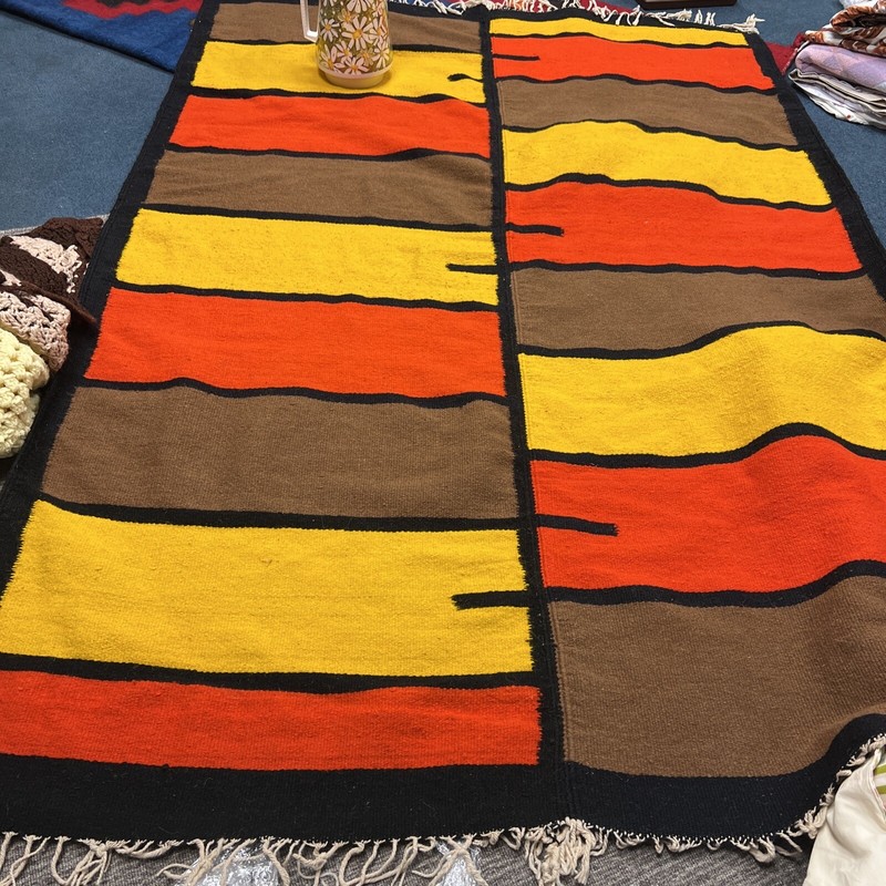 Vintage Abstract MCM Kilim Wool Rug Mid-Century 60’s Brown Orange Yellow 5x8 gallery