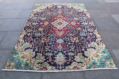 Vintage Worn Hand Made Traditional Oriental Wool Blue Green Large Rug 259x170cm