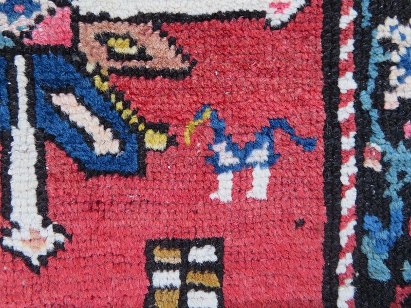 ANTIQUE CAUCASIAN KARABAGH VILLAGE RUG. SIGNED NAME BY WEAVER. 194CM X 117CM. gallery