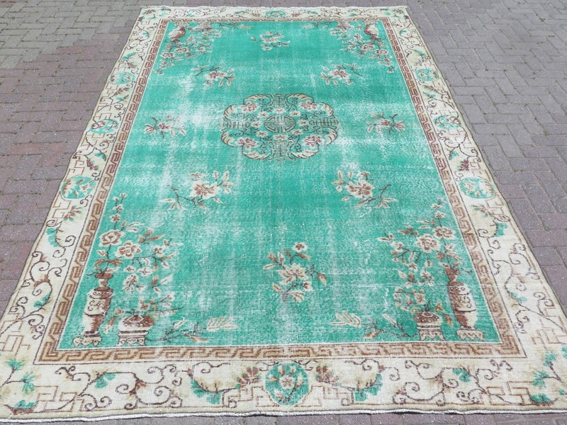 Distressed Turkish Carpet, Large Area Rug, Handmade Mint Green Carpet 83"x126" gallery