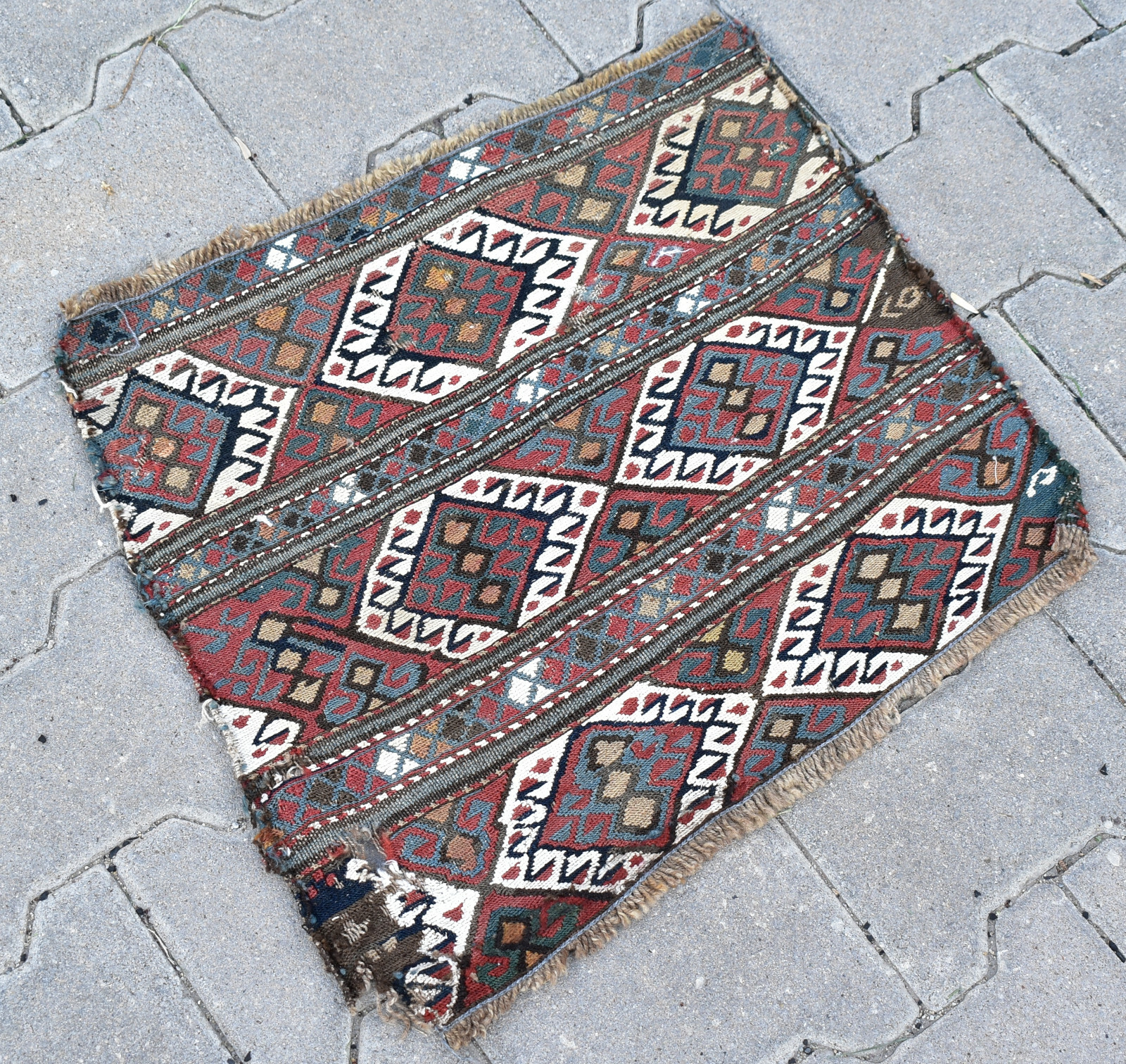 Caucasian Rug 19''x16'' +100 Age ANTIQUE Fragment Sumak Kilim 50x43cm gallery