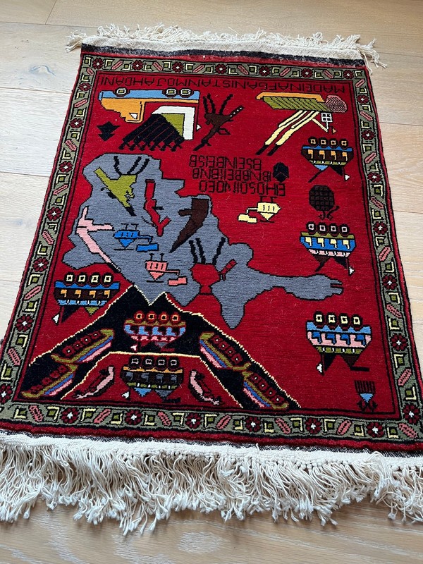 Handmade Afghan Pictorial War Rug Mat | Vintage | Rare | 25” x 33" | Red gallery