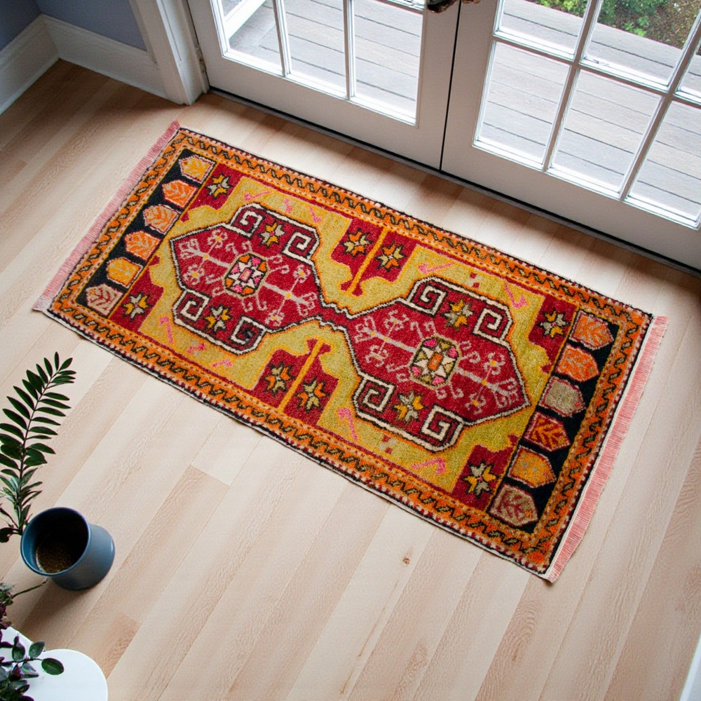Vintage Turkish Small Rug 1'8" x 3'4" Hand Knotted Doormat Entry Kitchen Rug