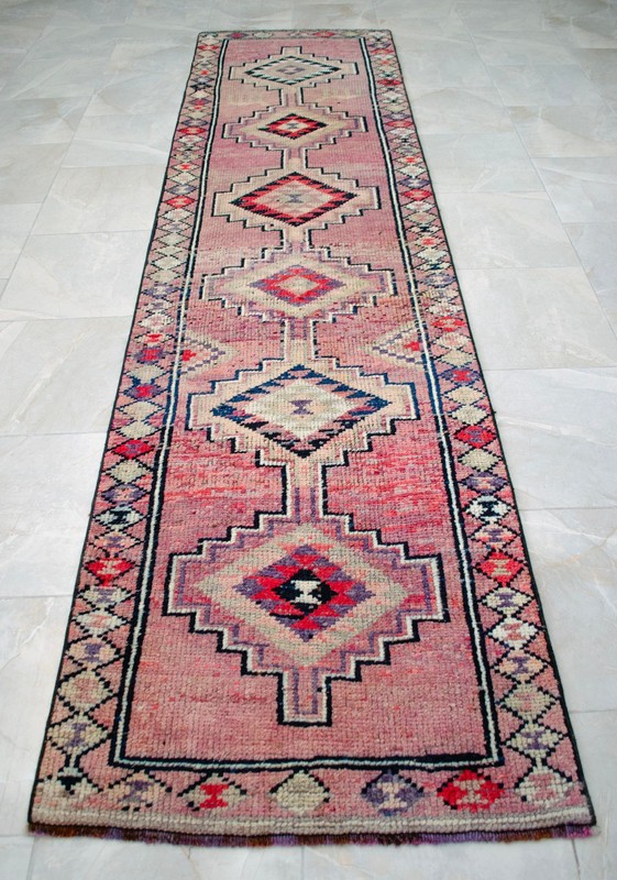 Turkish Rug Runner Hand Made Short Hallway Rug PINK Kitchen Rug - 2'10 x 10'6" gallery