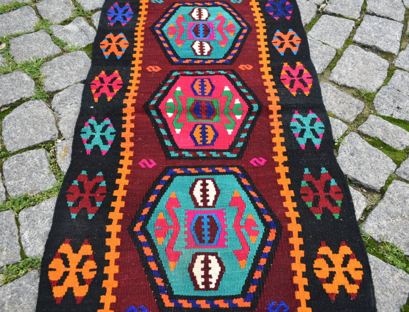 Vintage Turkish Rug 19'' x 43'' Anatolian Sivas Kilim Small Door Mat Wool Rug gallery