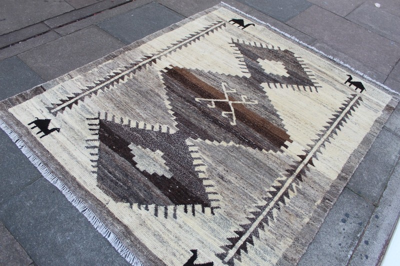 Vintage Traditional Hand Made Oriental Gabbe Wool White Brown Grey Rug 194x153cm gallery