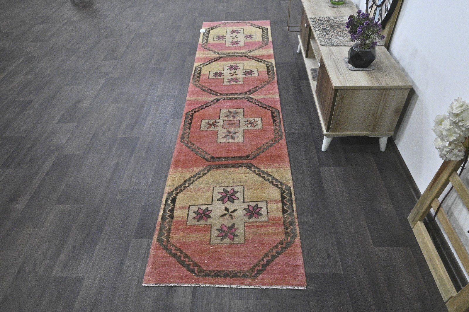 Vintage Turkish Runner Rug 2x10ft PINK Handmade Anatolian Oushak Hallway Wool gallery