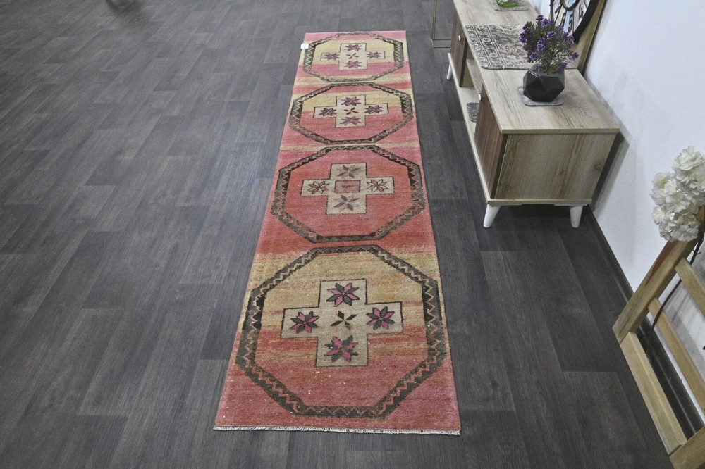 Vintage Turkish Runner Rug 2x10ft PINK Handmade Anatolian Oushak Hallway Wool