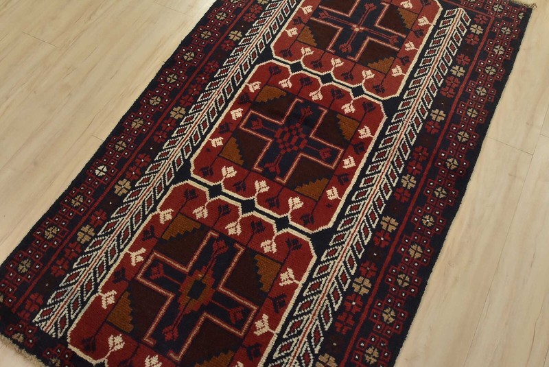 Vintage Tribal Rug 3’7” x 6’2” Red Wool Hand-Knotted Oriental Carpet gallery