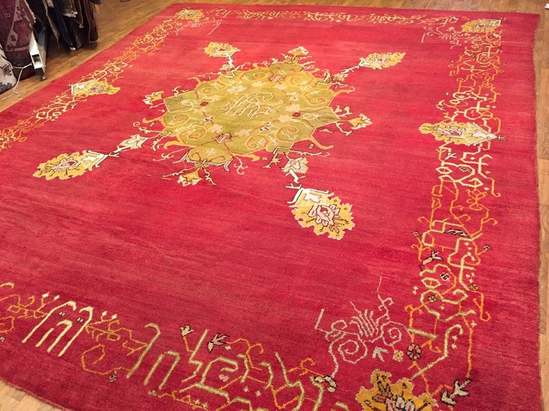 Antique Hand Knotted Turkish Ushak Size 10'5" x 12ft 3" Red Color Circa 1920s gallery
