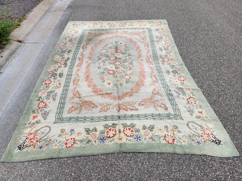 Vintage Shabby American Carolina Wool Looped Hand Hooked Rug 8' X 11'5" gallery