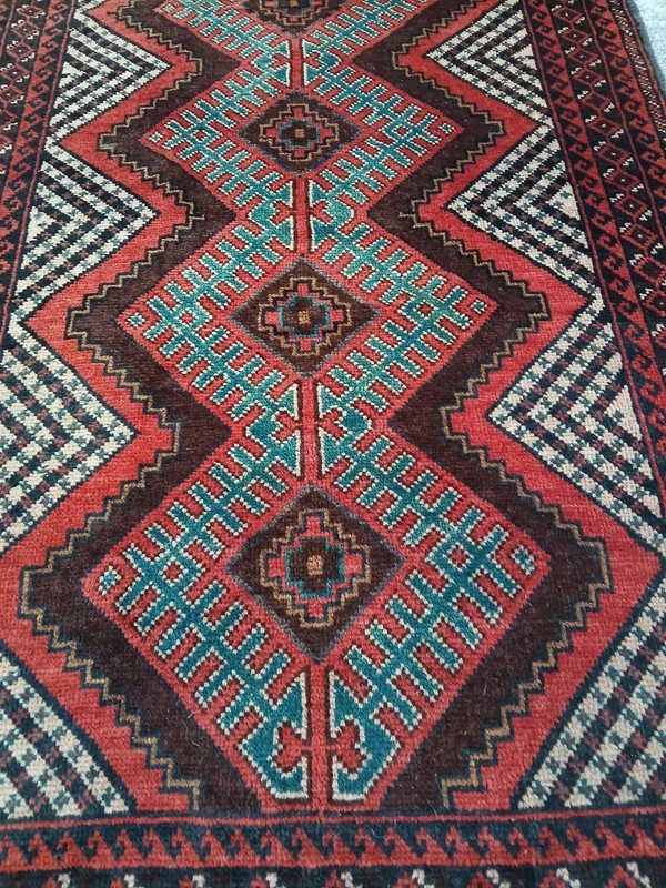 2'8"x6'8" Vintage Red Green Balochi Runner, Old Oriental Tribal Runner Rug gallery