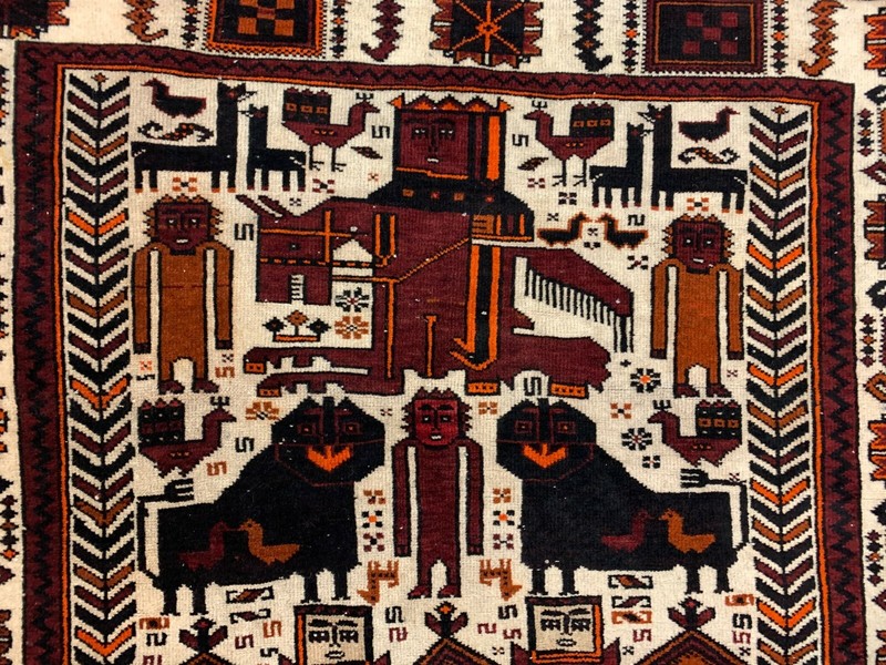 Vintage Tribal Lion Rug 204x110 cm, Old Tribal Wool Carpet, Black, Red Cream gallery