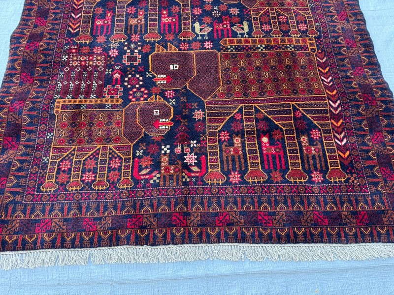Hand Knotted Afghan Vintage Area Rug 4x6 ft Blue Baluchi Pictorial Animal Carpet gallery